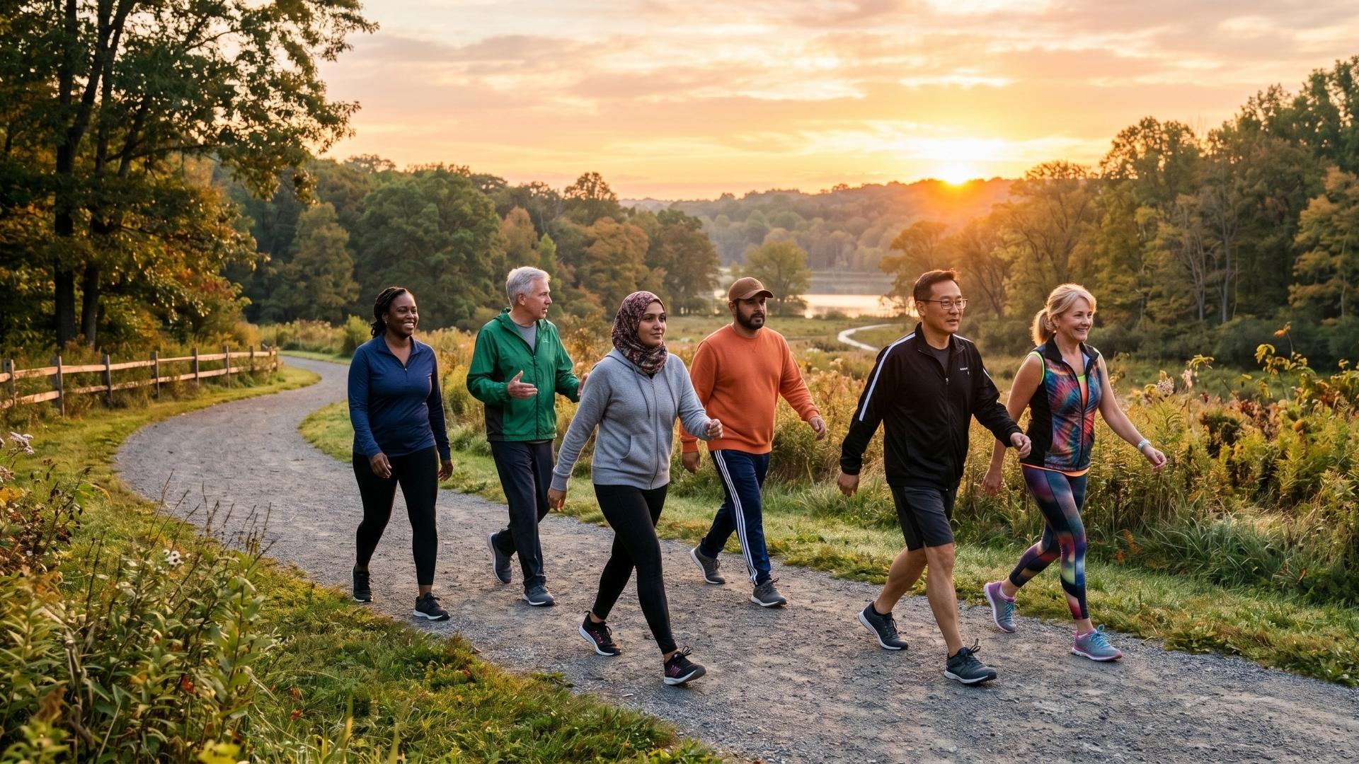 Diverse group walking briskly on a park trail at sunrise