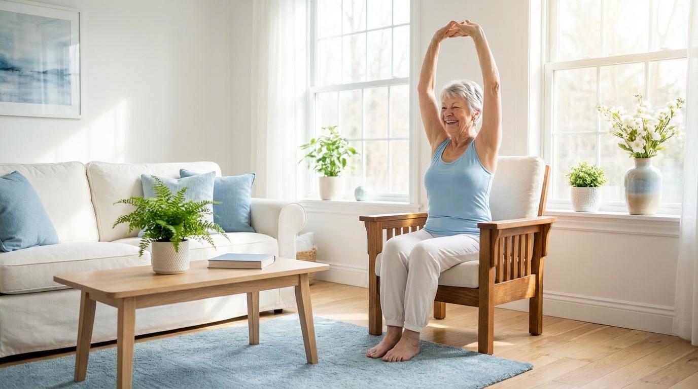 Serene woman in a gentle yoga pose in a sun-drenched studio