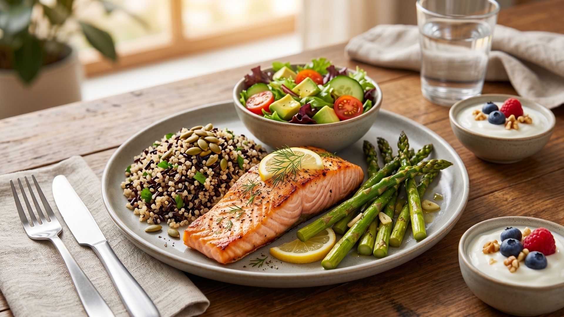 High protein meal including salmon and Greek yogurt