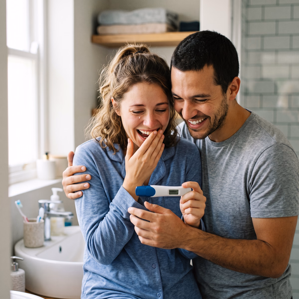 Couple looking at a pregnancy test while discussing fertility-preserving TRT options